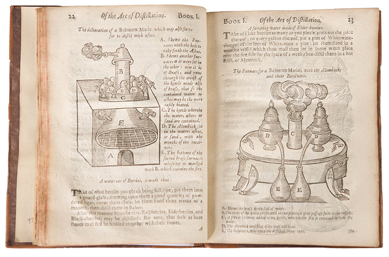 The enlarged third edition of physician John French's work on the distillation of pharmaceuticals, The Art of Distillation, with numerous woodcut illustrations, 1664.