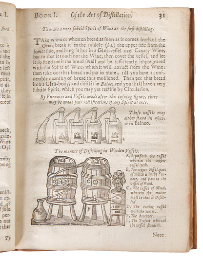 The enlarged third edition of physician John French's work on the distillation of pharmaceuticals, The Art of Distillation, with numerous woodcut illustrations, 1664.