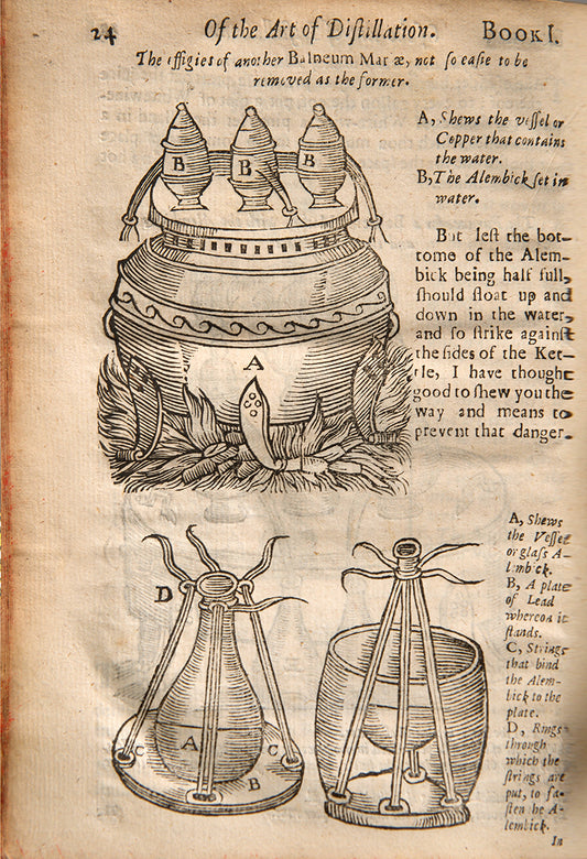 The enlarged third edition of physician John French's work on the distillation of pharmaceuticals, The Art of Distillation, with numerous woodcut illustrations, 1664.