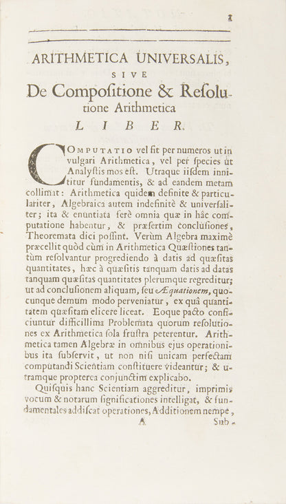 The first edition of Arithmetica Universalis, Isaac Newton's most read and republished mathematical work, edited by William Whiston and published in 1707.