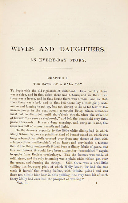 First edition of Wives and Daughters by Elizabeth Gaskell, the story of Molly Gibson and her love for Roger Hamley, the last chapter completed by Frederick Greenwood