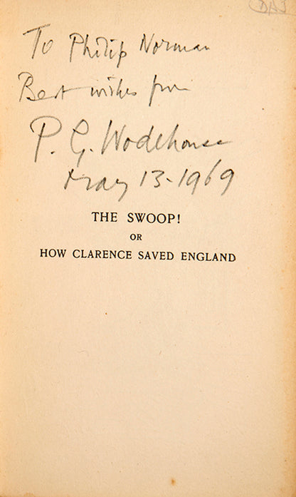 First edition of The Swoop by P.G. Wodehouse, inscribed by the author to Philip Norman.