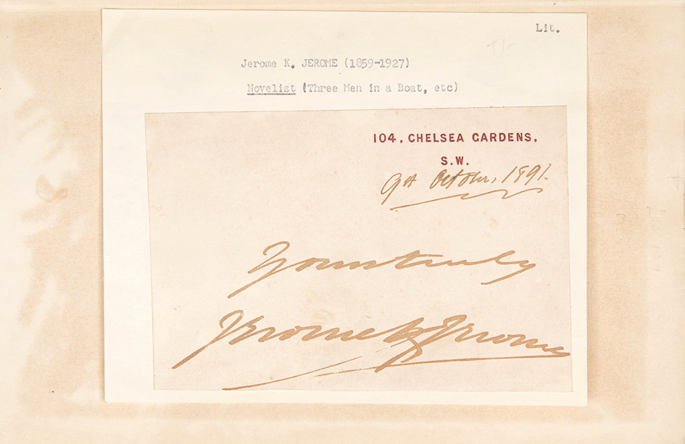 First edition, first printing of Three Men in a Boat by Jerome K. Jerome, with the author's clipped signature.