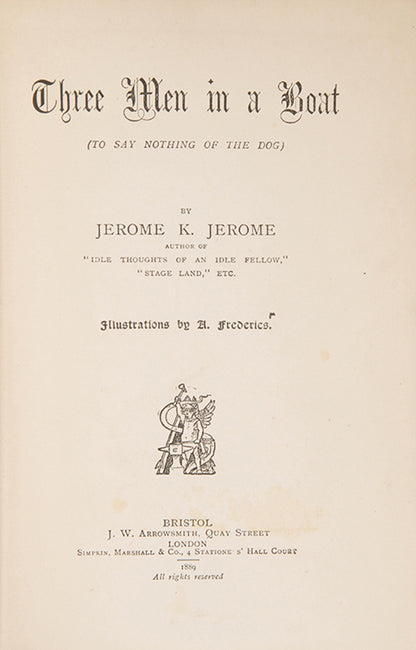 First edition, first printing of Three Men in a Boat by Jerome K. Jerome, with the author's clipped signature.