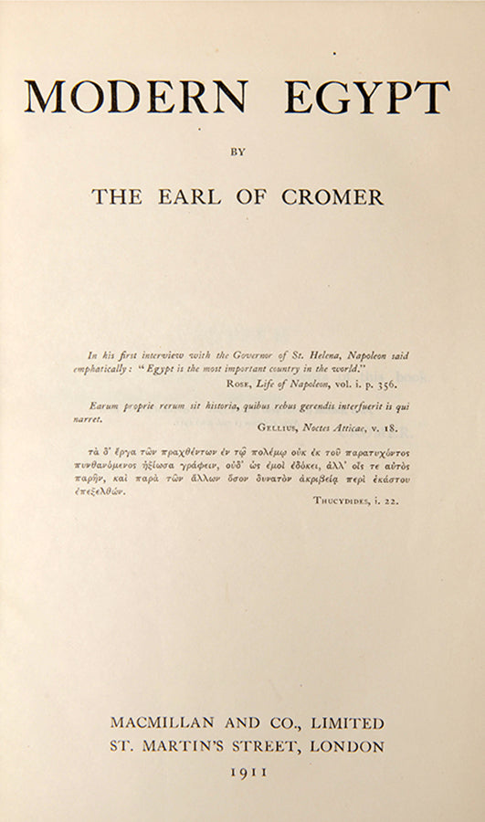 A smart prize binding copy of The Earl of Cromer's Modern Egypt, a sweeping work covering the history of Egypt and British involvement from 1876 to 1907, written by one of the key British protagonists.