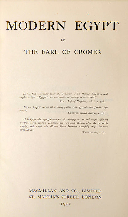 A smart prize binding copy of The Earl of Cromer's Modern Egypt, a sweeping work covering the history of Egypt and British involvement from 1876 to 1907, written by one of the key British protagonists.