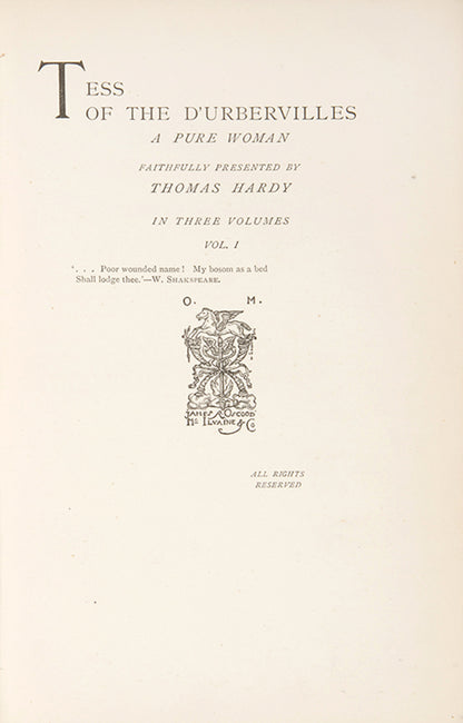 Only 1000 copies were printed in the week beginning, 29th November, 1891 of this first impression of Tess of the d'Urbervilles by Thomas Hardy, regarded as his masterpiece