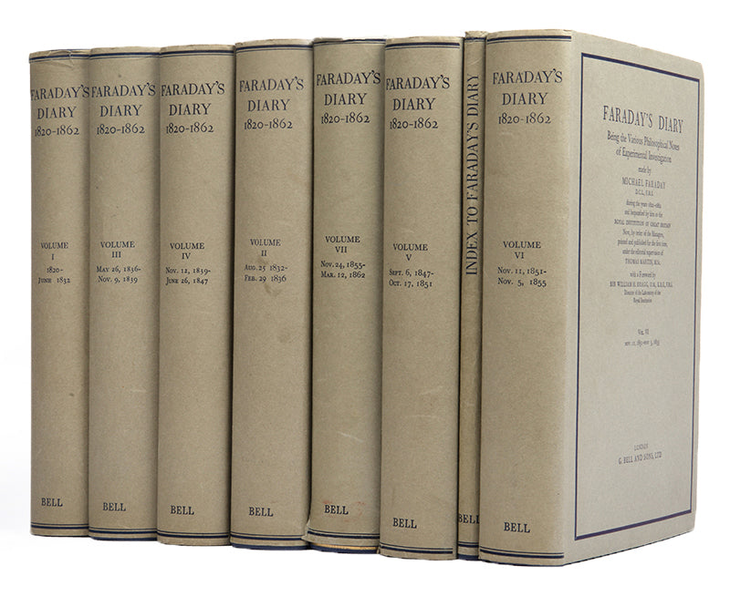 The first edition and a lovely complete set of Michael Faraday's eight volume Diary in attractive examples of the dust jackets, published in 1932.