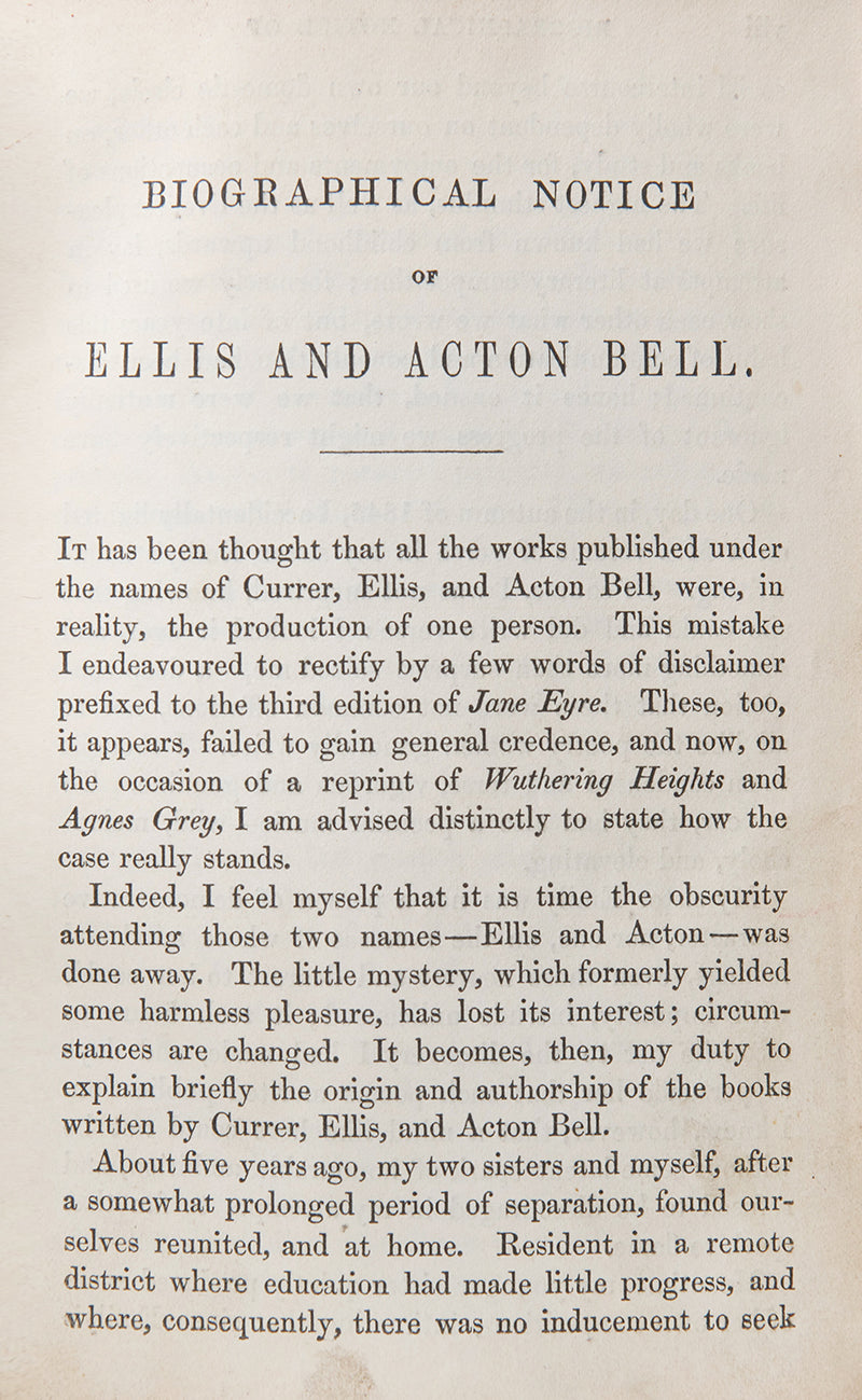 Second edition, first issue of Wuthering Heights and Agnes Grey by Emily and Anne Bronte, the first state of this edition can identified by '1850' on the title page