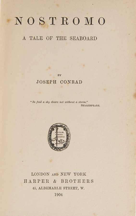 The first edition of Joseph Conrad's novel Nostromo, the first printing with p.187 mispaginated 871.