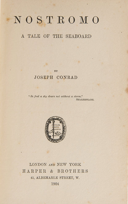 The first edition of Joseph Conrad's novel Nostromo, the first printing with p.187 mispaginated 871.