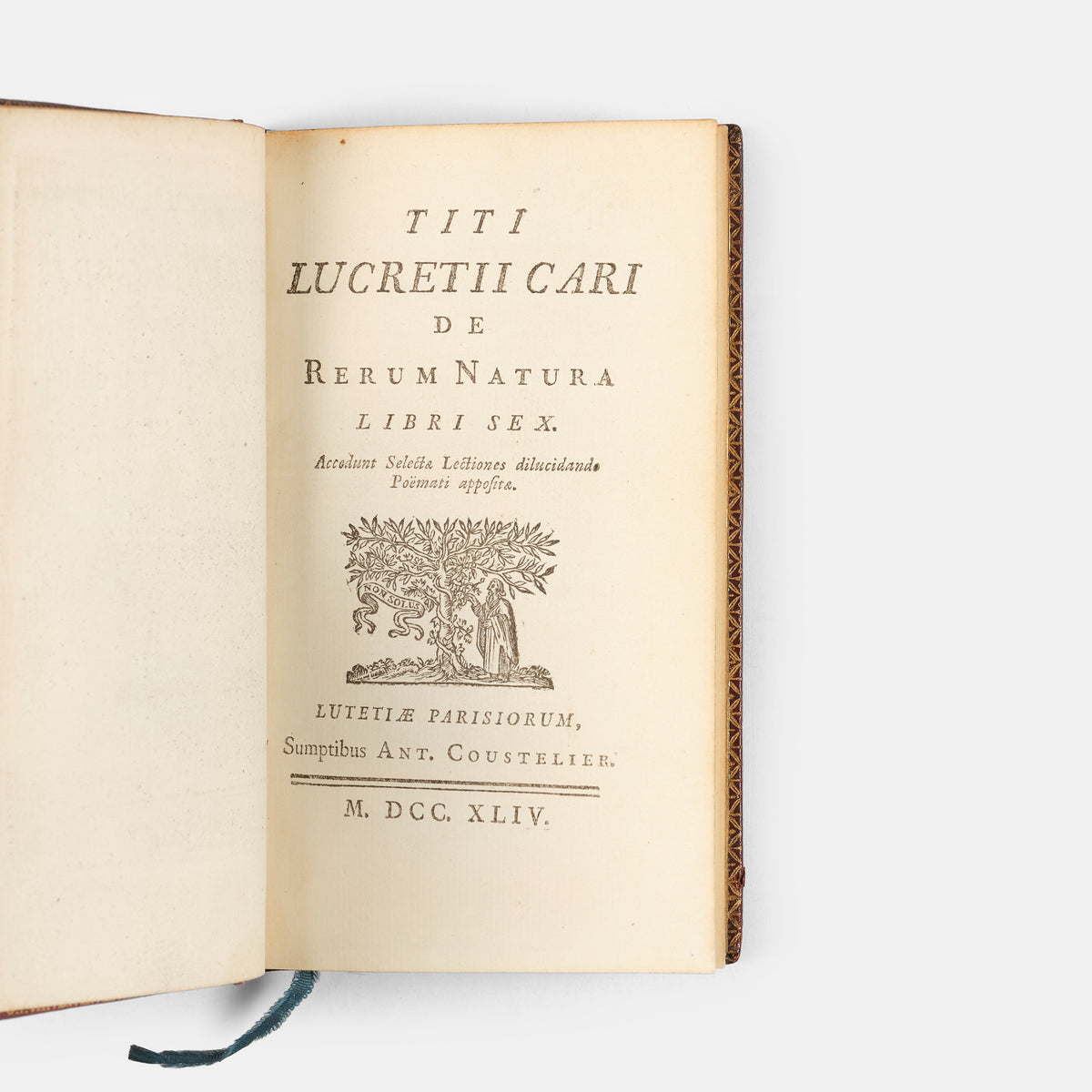 A lovely eighteenth-century French edition of Roman philosopher Lucretius's On the Nature of Things, De Rerum Natura Libri Sex, in red morocco.