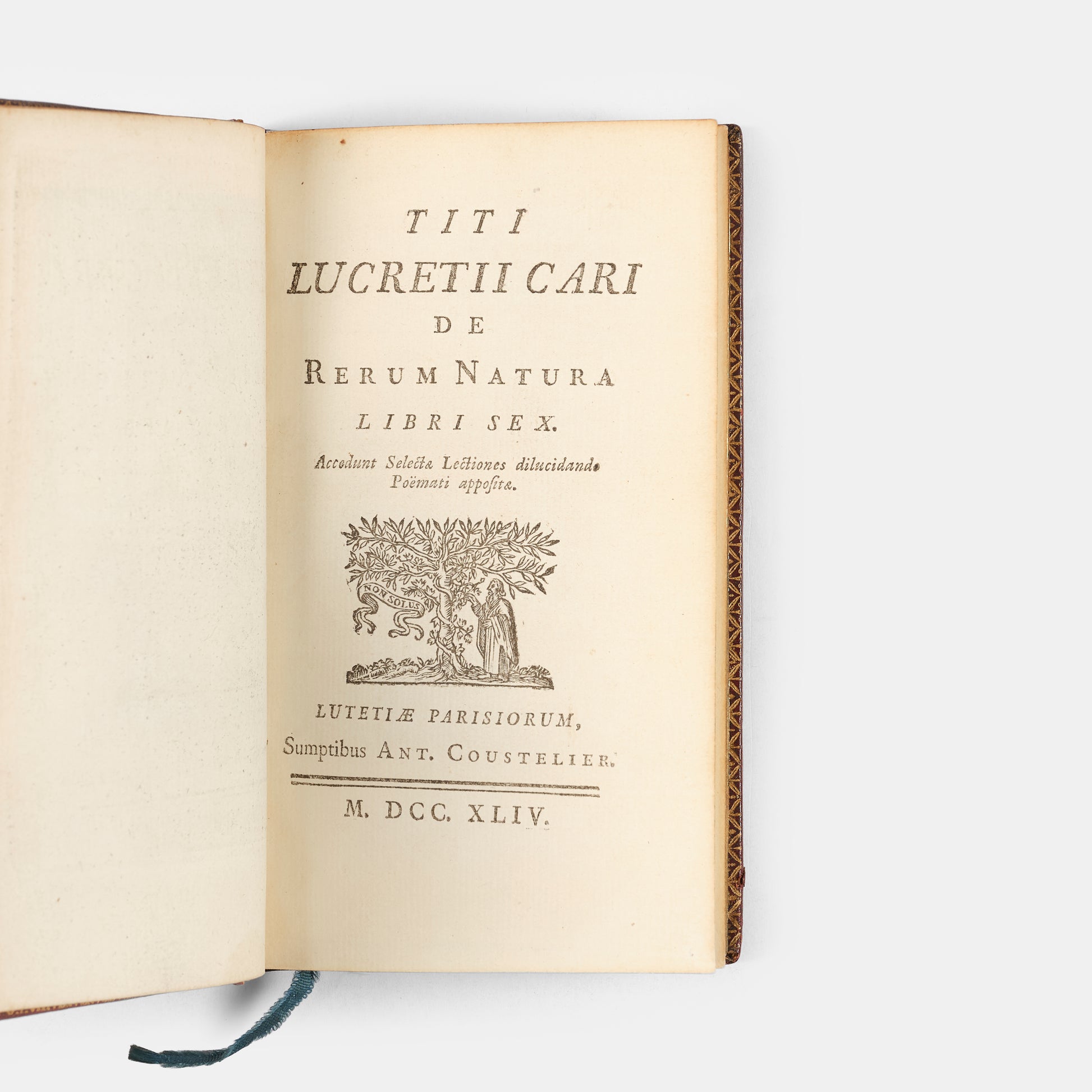 A lovely eighteenth-century French edition of Roman philosopher Lucretius's On the Nature of Things, De Rerum Natura Libri Sex, in red morocco.