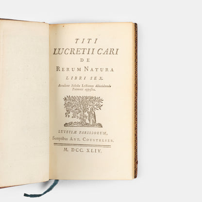 A lovely eighteenth-century French edition of Roman philosopher Lucretius's On the Nature of Things, De Rerum Natura Libri Sex, in red morocco.