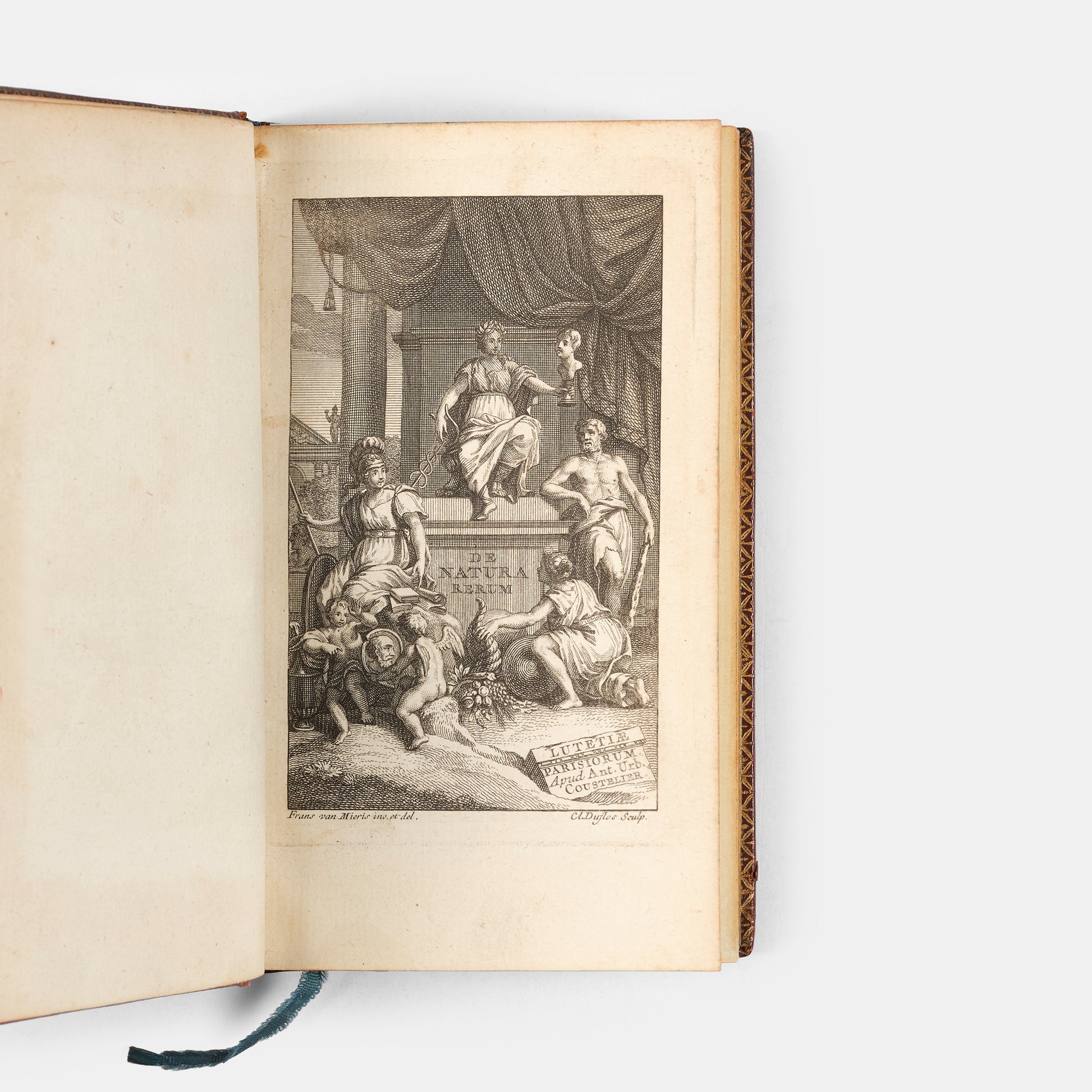 A lovely eighteenth-century French edition of Roman philosopher Lucretius's On the Nature of Things, De Rerum Natura Libri Sex, in red morocco.