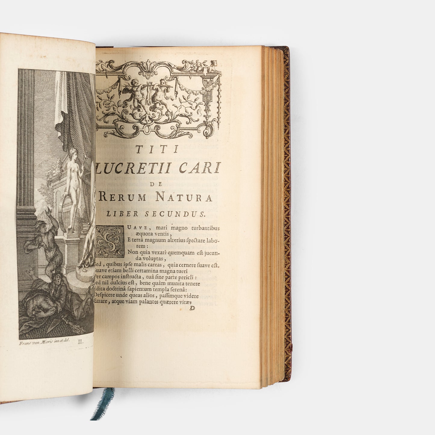 A lovely eighteenth-century French edition of Roman philosopher Lucretius's On the Nature of Things, De Rerum Natura Libri Sex, in red morocco.