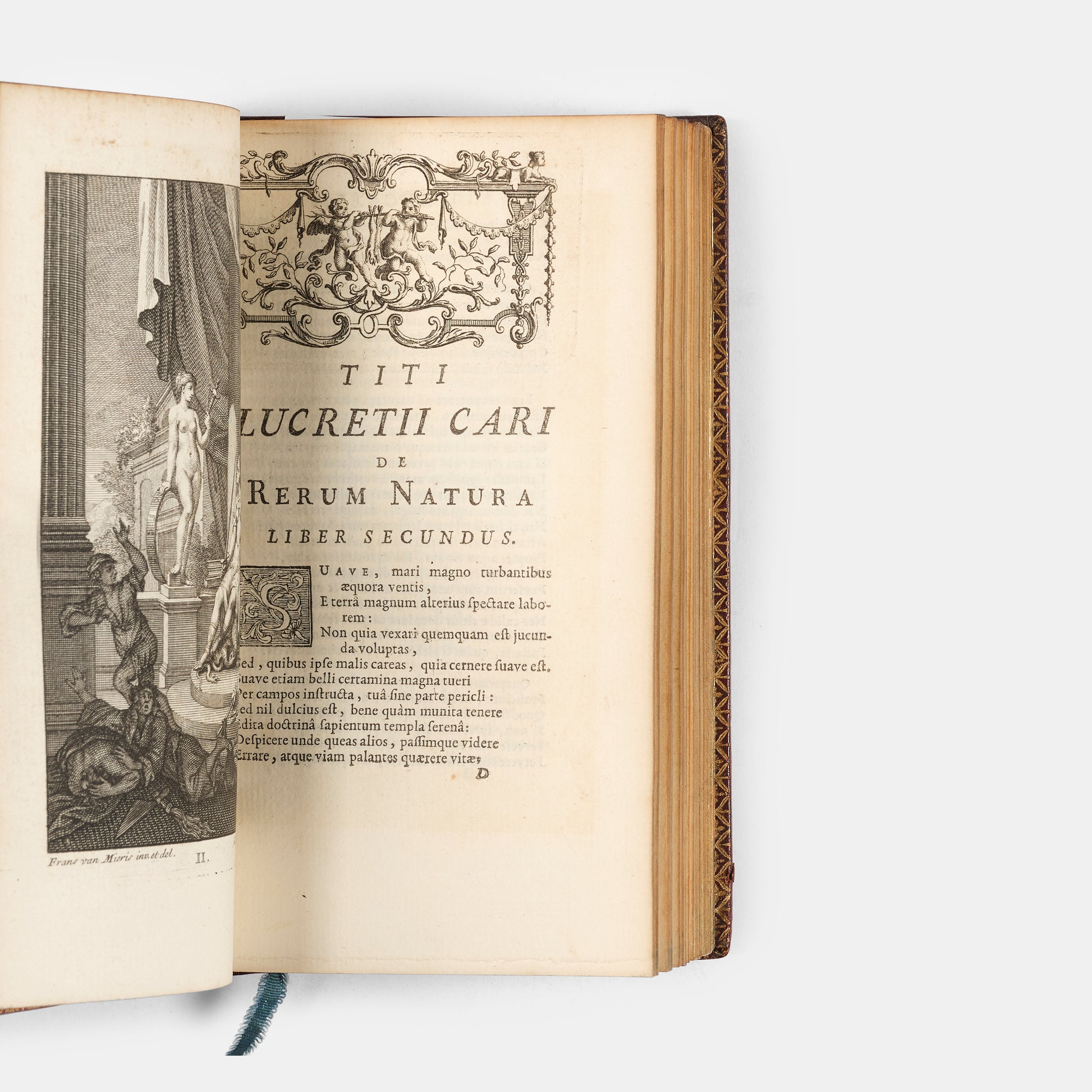A lovely eighteenth-century French edition of Roman philosopher Lucretius's On the Nature of Things, De Rerum Natura Libri Sex, in red morocco.