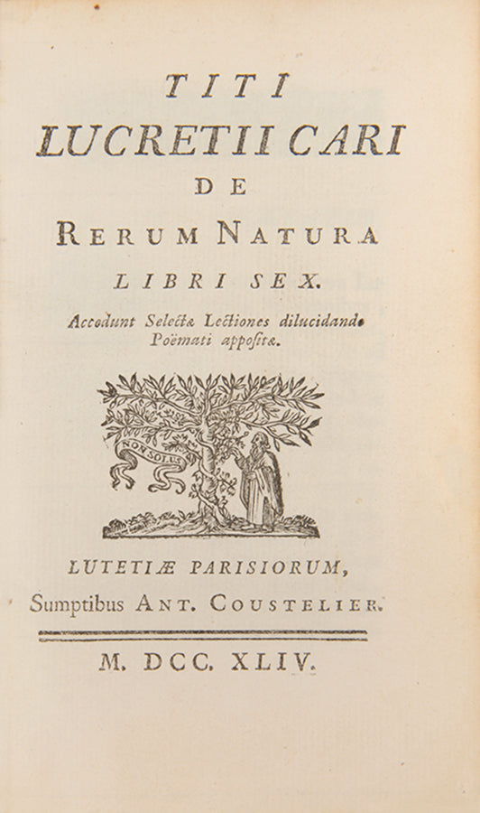 A lovely eighteenth-century French edition of Roman philosopher Lucretius's On the Nature of Things, De Rerum Natura Libri Sex, in red morocco.