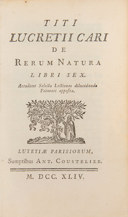 A lovely eighteenth-century French edition of Roman philosopher Lucretius's On the Nature of Things, De Rerum Natura Libri Sex, in red morocco.