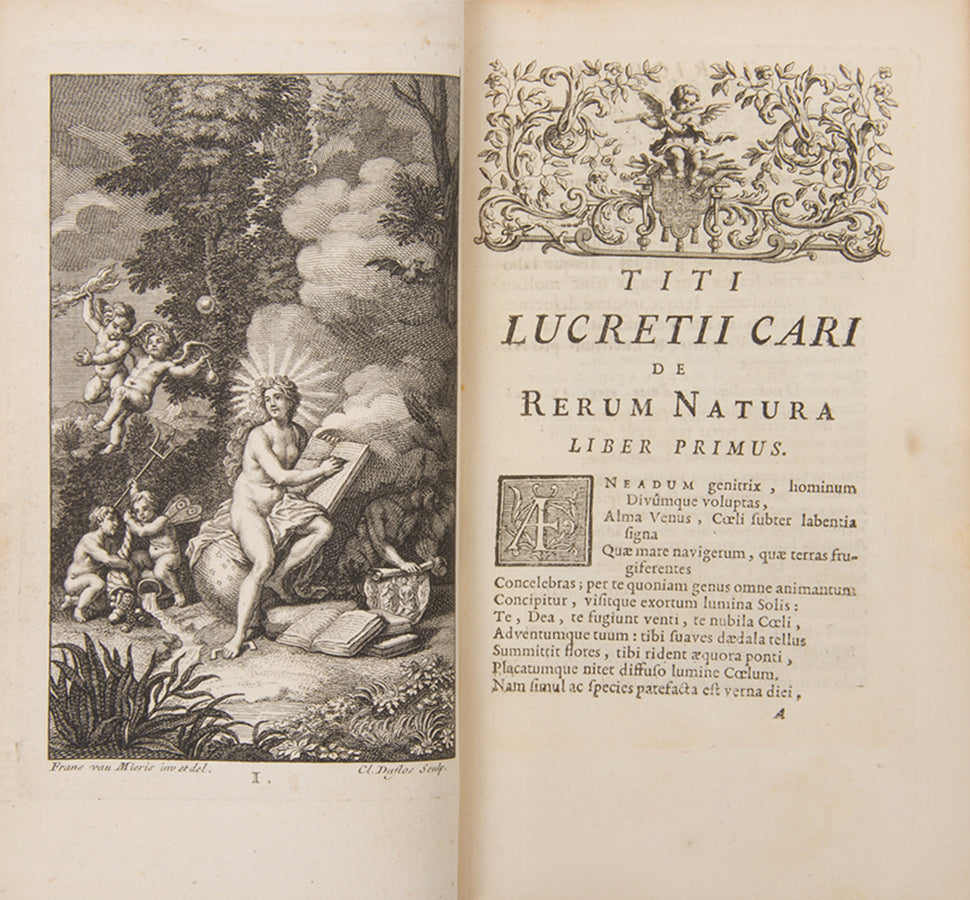 A lovely eighteenth-century French edition of Roman philosopher Lucretius's On the Nature of Things, De Rerum Natura Libri Sex, in red morocco.