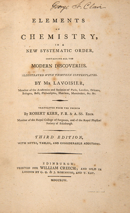 Third English language edition of Antoine Lavoisier's Traité Élémentaire de Chemie (Elements of Chemistry), Dr. Oliver Sack's copy, with his octopus bookplate.