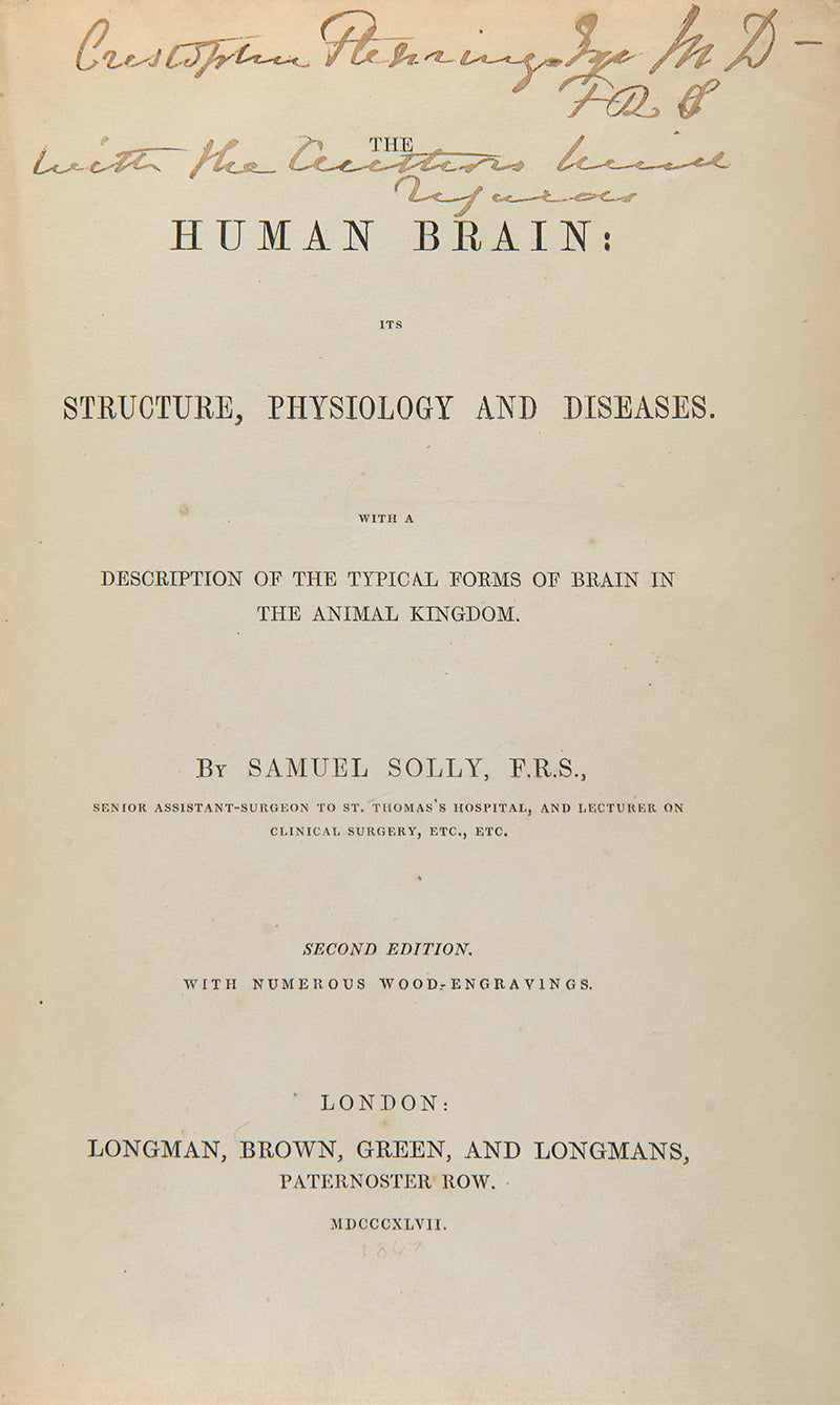 Second edition, inscribed presentation copy of Samuel Solly's important work on neurology, The Human Brain, from the library of Oliver Sacks, with his octopus bookplate.