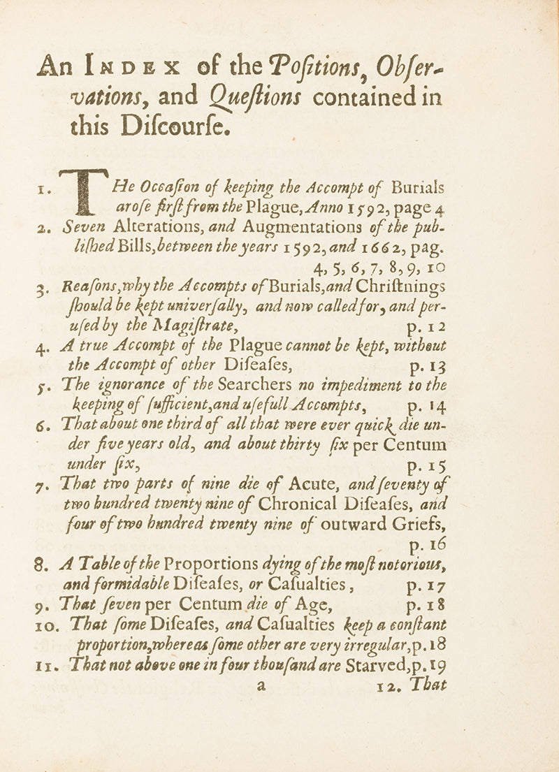 The very rare first edition of John Graunt's Natural and Political Observations... upon the Bills of Mortality, the 1662 book that founded demography and medical statistics.