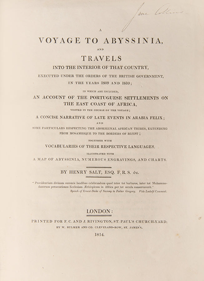 First edition of Henry Salt's A Voyage to Abyssinia, the largest treatment of Ethiopia since Bruce's <em>Travels</em> twenty-five years prior, and includes one of the earliest depictions of indigenous hippo hunting.