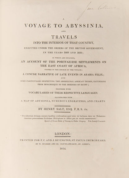 First edition of Henry Salt's A Voyage to Abyssinia, the largest treatment of Ethiopia since Bruce's <em>Travels</em> twenty-five years prior, and includes one of the earliest depictions of indigenous hippo hunting.