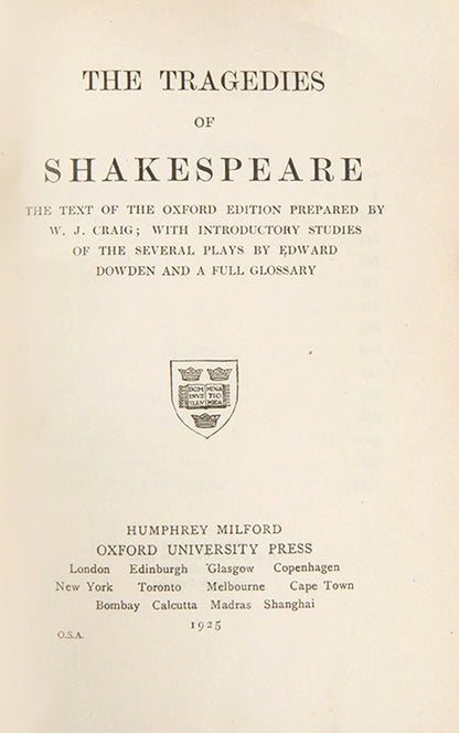 The Comedies, Tragedies, Histoires and Peoms of Willam Shakespeare, 1925, each with a glossary at the rear, very handsome and readable