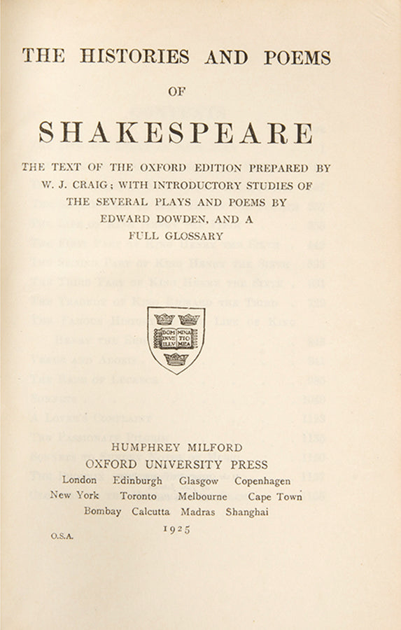 The Comedies, Tragedies, Histoires and Peoms of Willam Shakespeare, 1925, each with a glossary at the rear, very handsome and readable