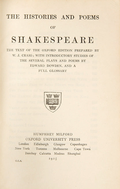 The Comedies, Tragedies, Histoires and Peoms of Willam Shakespeare, 1925, each with a glossary at the rear, very handsome and readable