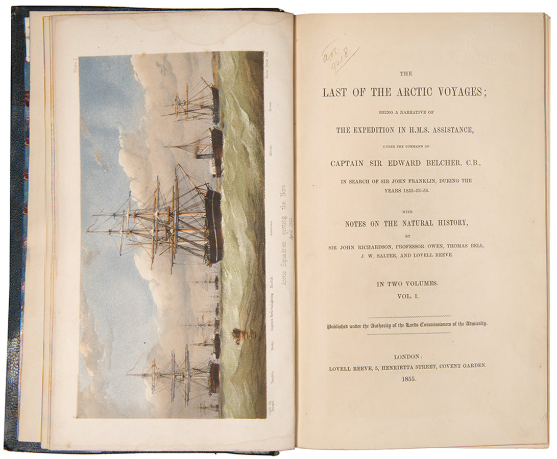 First edition of Edward Belcher's The Last of the Arctic Voyages. Belcher's voyage was the last officially sent in search of Sir John Franklin, who disappeared during an Arctic expedition in 1845. 