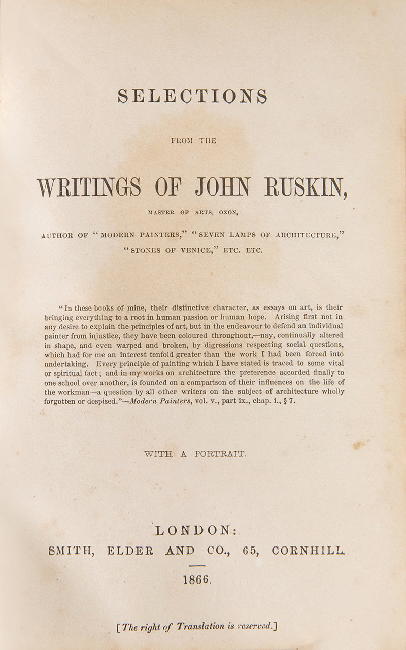 Selections from the writings of John Ruskin, later printing, quarter bound in red leather, over marbled boards, with gilt lettering to spine
