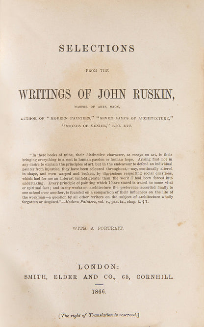 Selections from the writings of John Ruskin, later printing, quarter bound in red leather, over marbled boards, with gilt lettering to spine