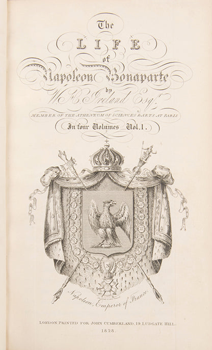 A handsome set of Ireland's Life of Napoleon, illsutrated with 26 aquatints by George Cruikshank, and bound in red morocco by Bayntun Riviere.