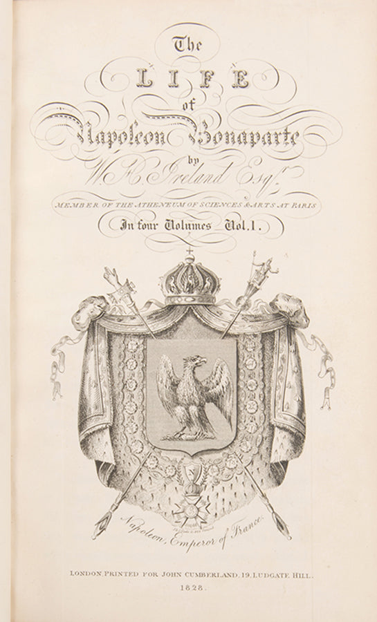 A handsome set of Ireland's Life of Napoleon, illsutrated with 26 aquatints by George Cruikshank, and bound in red morocco by Bayntun Riviere.