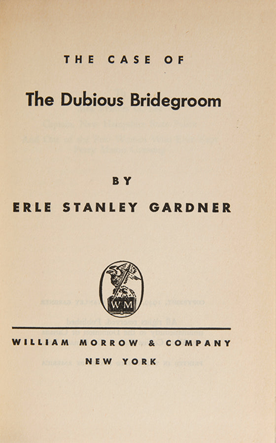 First edition of The Case of the Dubious Bridegroom by Erle Stanley Gardner, inscribed by the author to Marlene Dietrich.