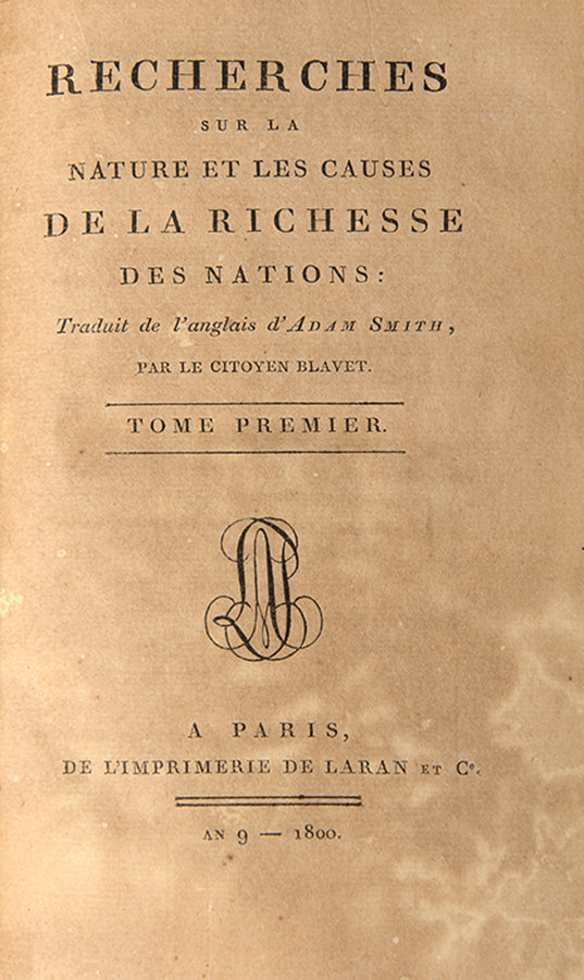 A handsome set of Adam Smith's Wealth of Nations in French, the first edition printed by Laran