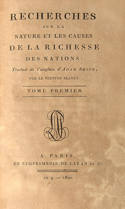 A handsome set of Adam Smith's Wealth of Nations in French, the first edition printed by Laran