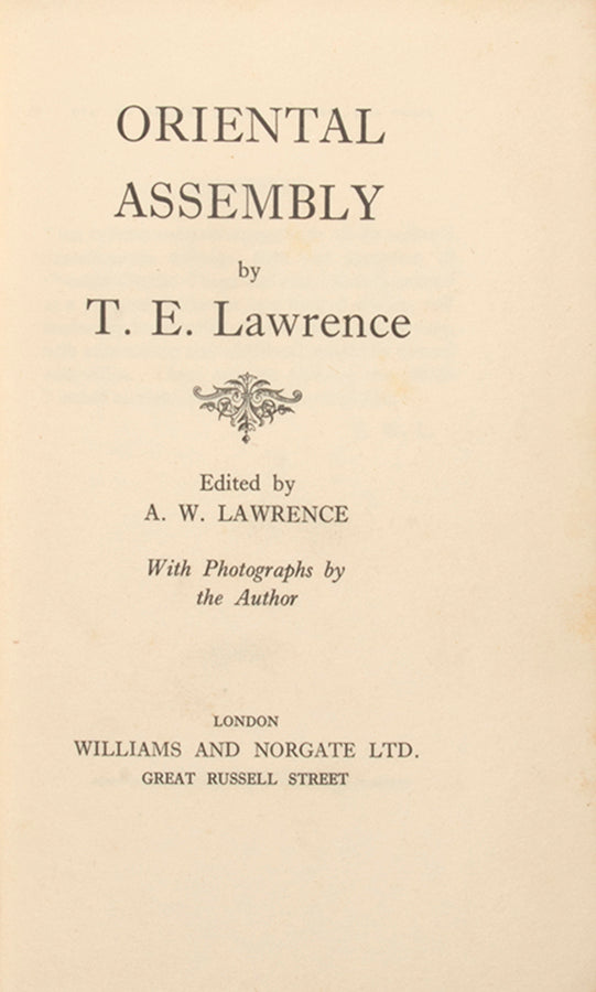 First edition of T E Lawrence's, a collection of Lawrence's works published here for the first time. Contains more than 100 photographs taken by Lawrence during the Arab Revolt, many of which did not find their way into<em> Seven Pillars</em>.