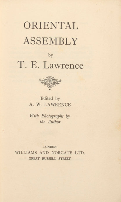 First edition of T E Lawrence's, a collection of Lawrence's works published here for the first time. Contains more than 100 photographs taken by Lawrence during the Arab Revolt, many of which did not find their way into<em> Seven Pillars</em>.