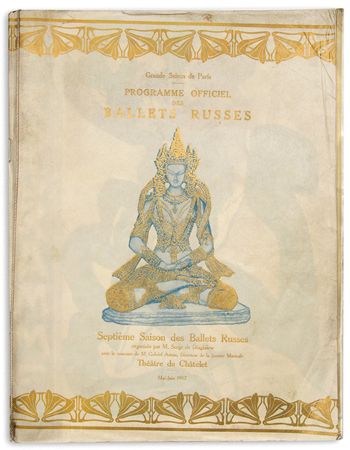 A luxurious programme for the Ballets Russes presenting Nijinsky and other in their colouful costumes by Bakst. 