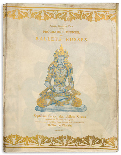 A luxurious programme for the Ballets Russes presenting Nijinsky and other in their colouful costumes by Bakst. 