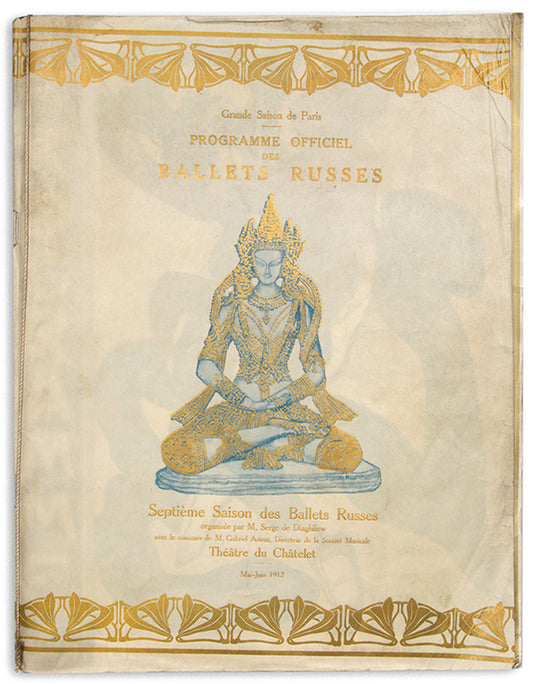 A luxurious programme for the Ballets Russes presenting Nijinsky and other in their colouful costumes by Bakst. 