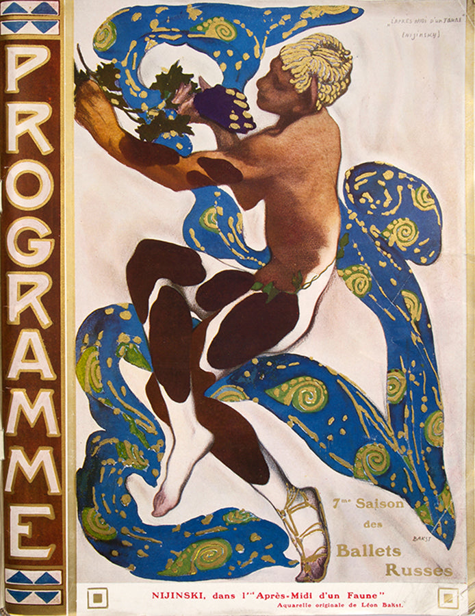 A luxurious programme for the Ballets Russes presenting Nijinsky and other in their colouful costumes by Bakst. 