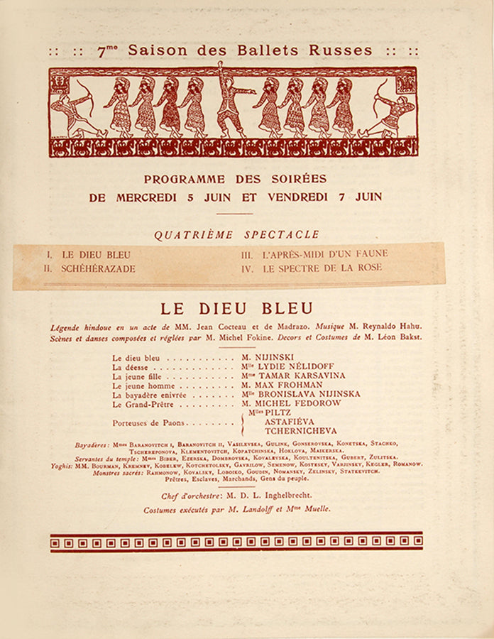A luxurious programme for the Ballets Russes presenting Nijinsky and other in their colouful costumes by Bakst. 
