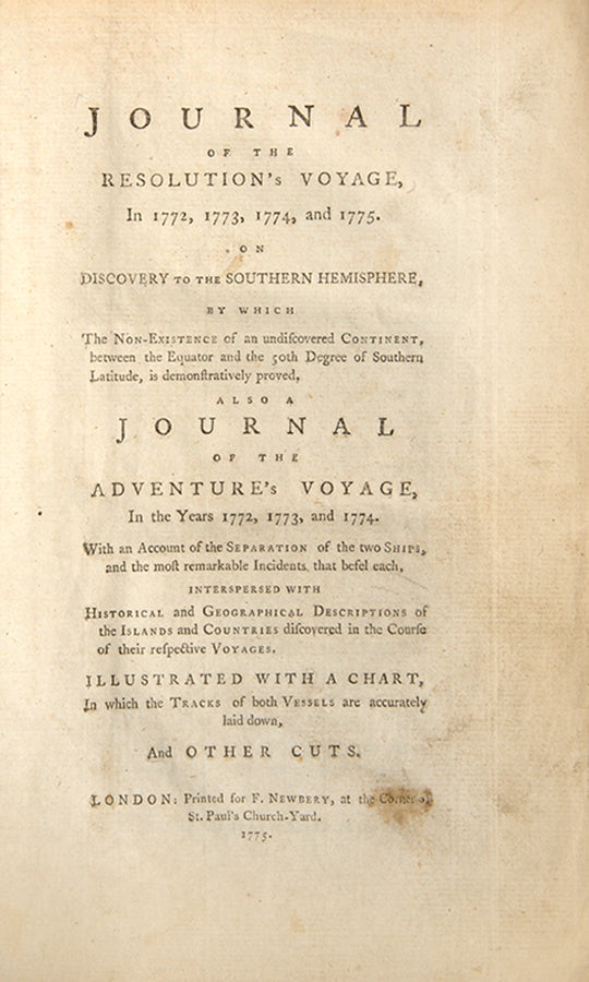 First edition of John Marra's Journal of the Resolution's Voyage, the first published account of Cook's second voyage and the first printed account of the first crossing of the Antarctic Circle, with the rare extra map. 