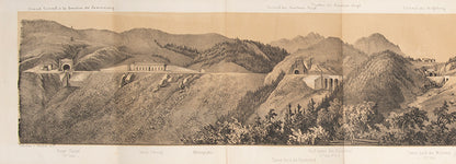Second edition of this lithographed folding panorama of the the newly built railway and its viaducts through the Austrian town of Semmerling.