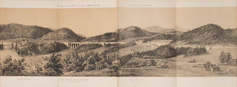 Second edition of this lithographed folding panorama of the the newly built railway and its viaducts through the Austrian town of Semmerling.